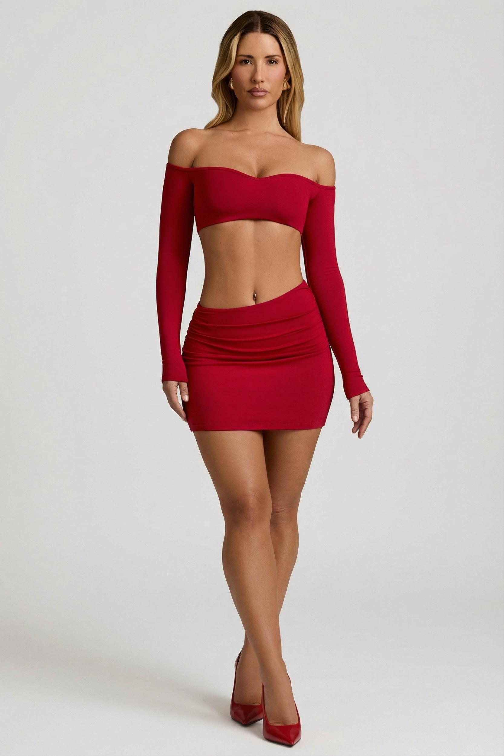 Modal Asymmetric-Waist Mini Skirt in Red Product Image