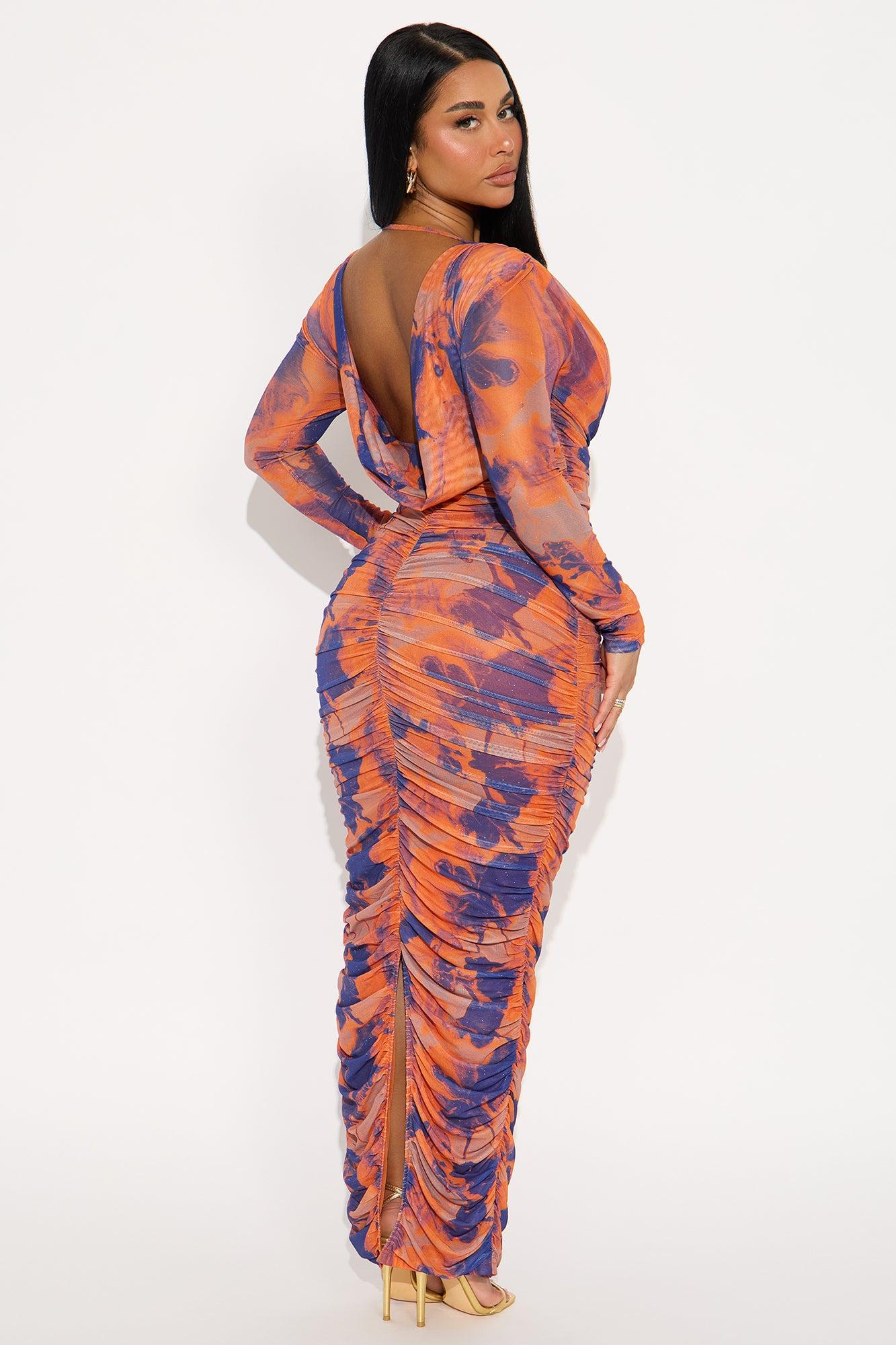 Tory Long Sleeve Mesh Maxi Dress - Orange/combo Female Product Image