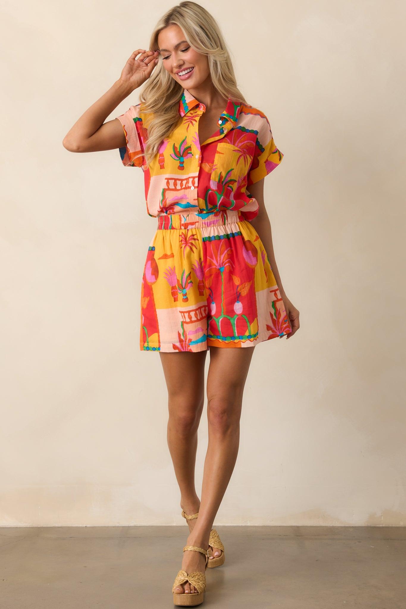 Coastal Glow Orange Tropical Print Cotton Shorts Product Image