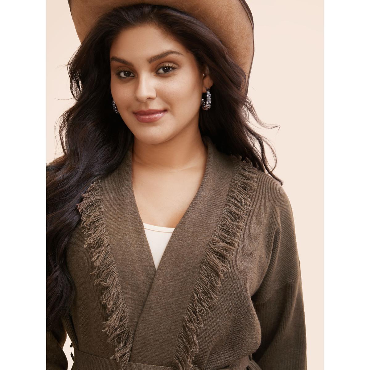 Plus Size Supersoft Essentials Tasseled Neckline Long Cardigan Browncoffeecolor Women Casual Loose Long Sleeve Everyday Cardigans BloomChic 14-16/1X Product Image