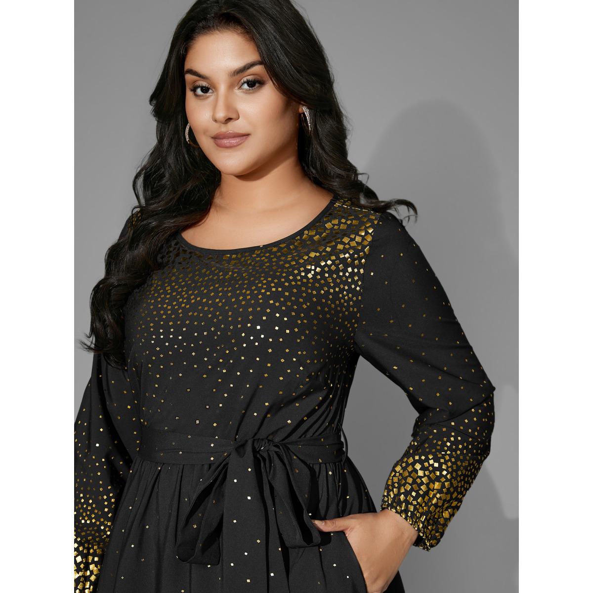 Plus Size Glitter Round Neck Belted Lantern Sleeve Dress Plum Women Party&Cocktail Texture Party Curvy Bloomchic 10/M Product Image