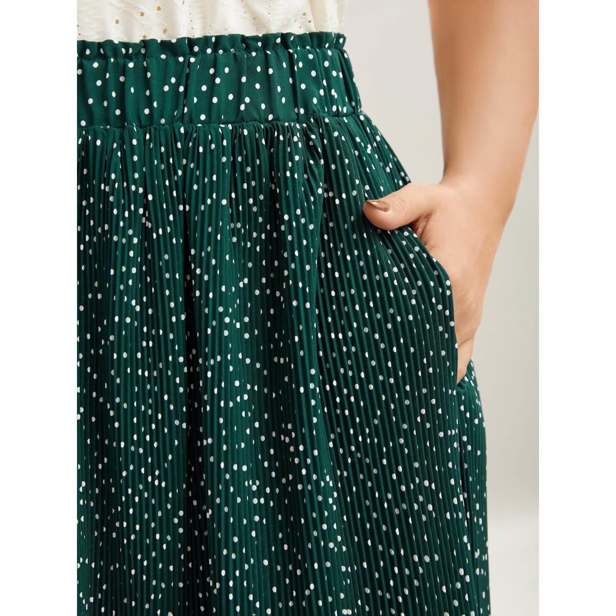 Plus Size Fine Dots Print Smocked Waist Midi Skirt Women DarkGreen Elegant Pleated Bodycon Low stretch Side seam pocket Everyday-Elegant Skirts BloomChic 10/M Product Image