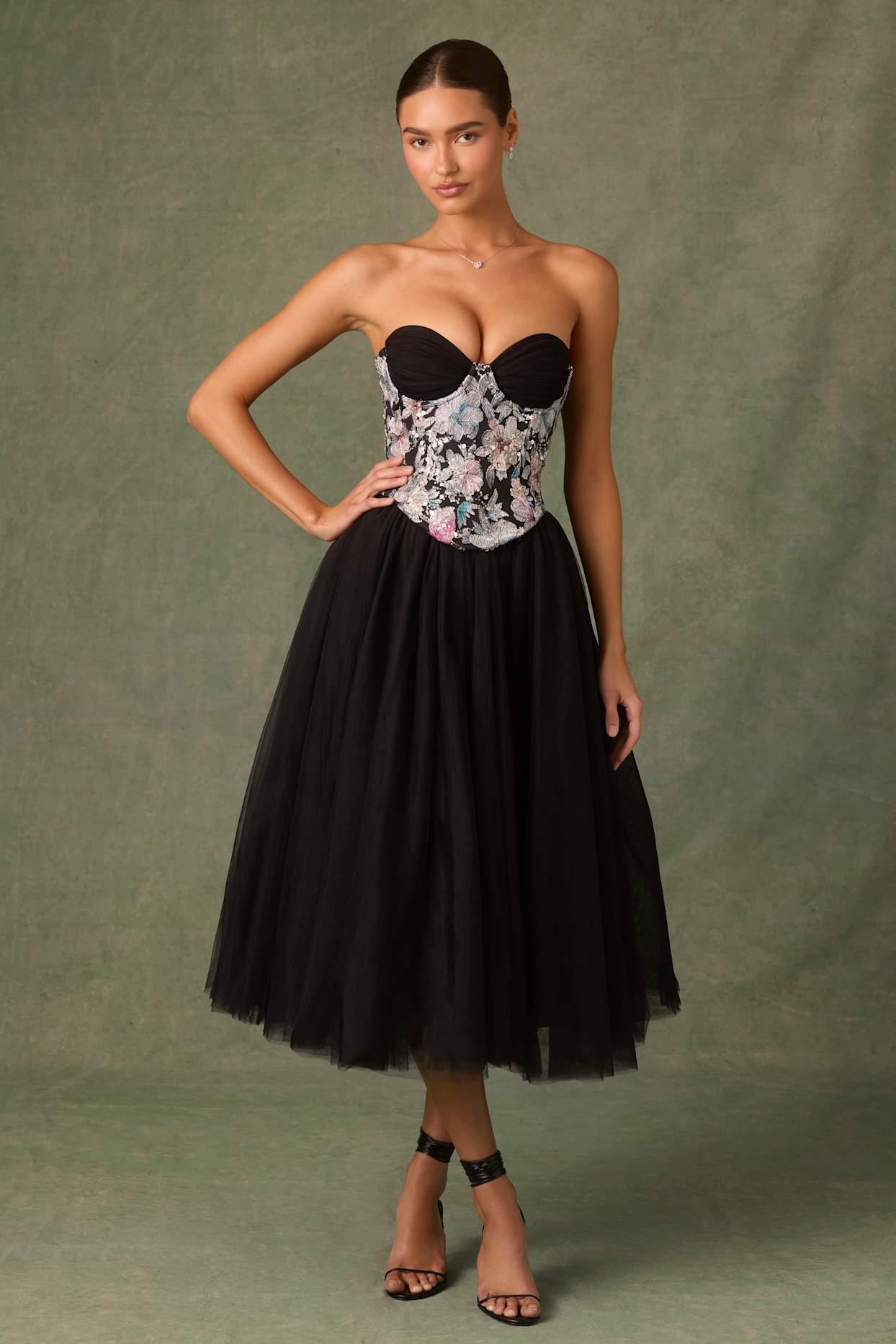 Embellished Lace-Up Cupless Corset in Floral Black Product Image