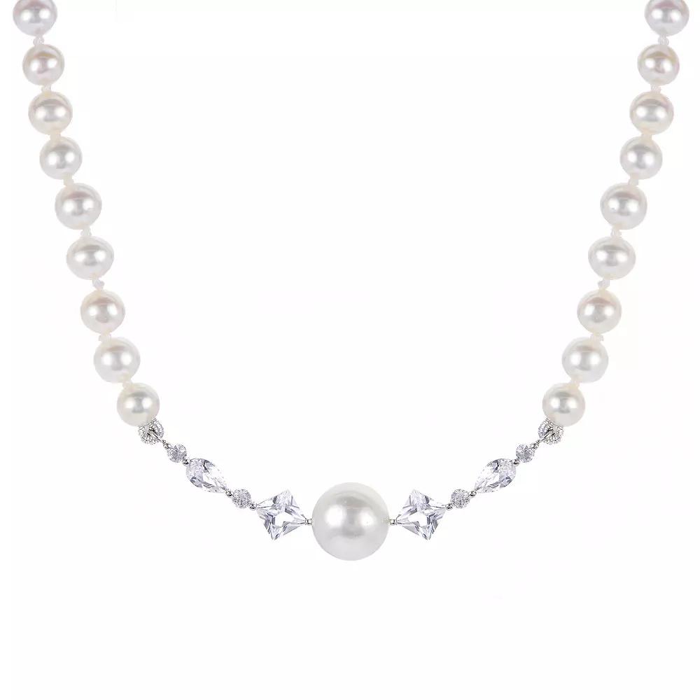 PearLustre by Imperial Sterling Silver Freshwater Cultured Pearl & Lab-Created White Sapphire Center Station Necklace, Womens Product Image