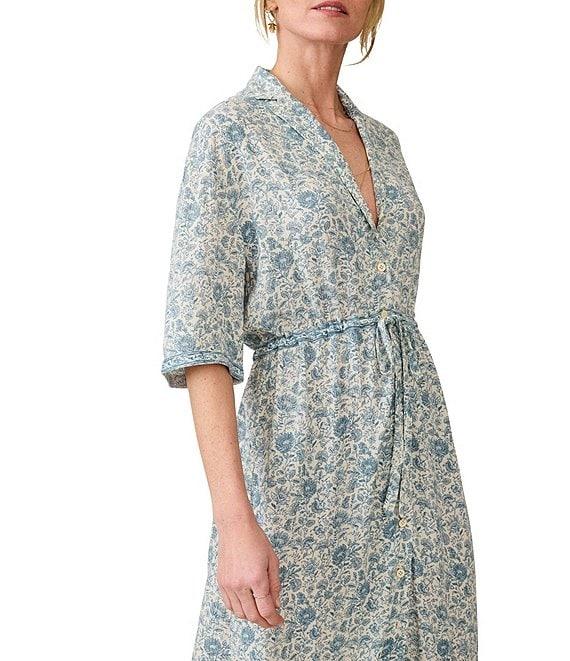 Faherty Island Woven Floral Print V-Neck Camp Collar Short Sleeve A-Line Midi Dress Product Image