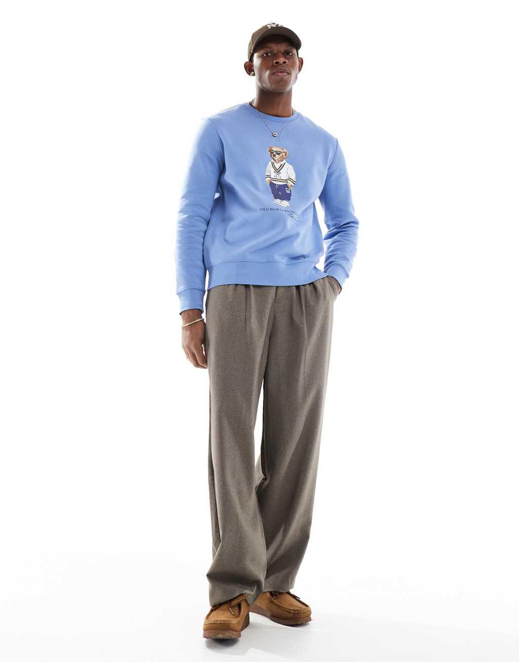 Polo Ralph Lauren campus bear print fleece sweatshirt in mid blue Product Image