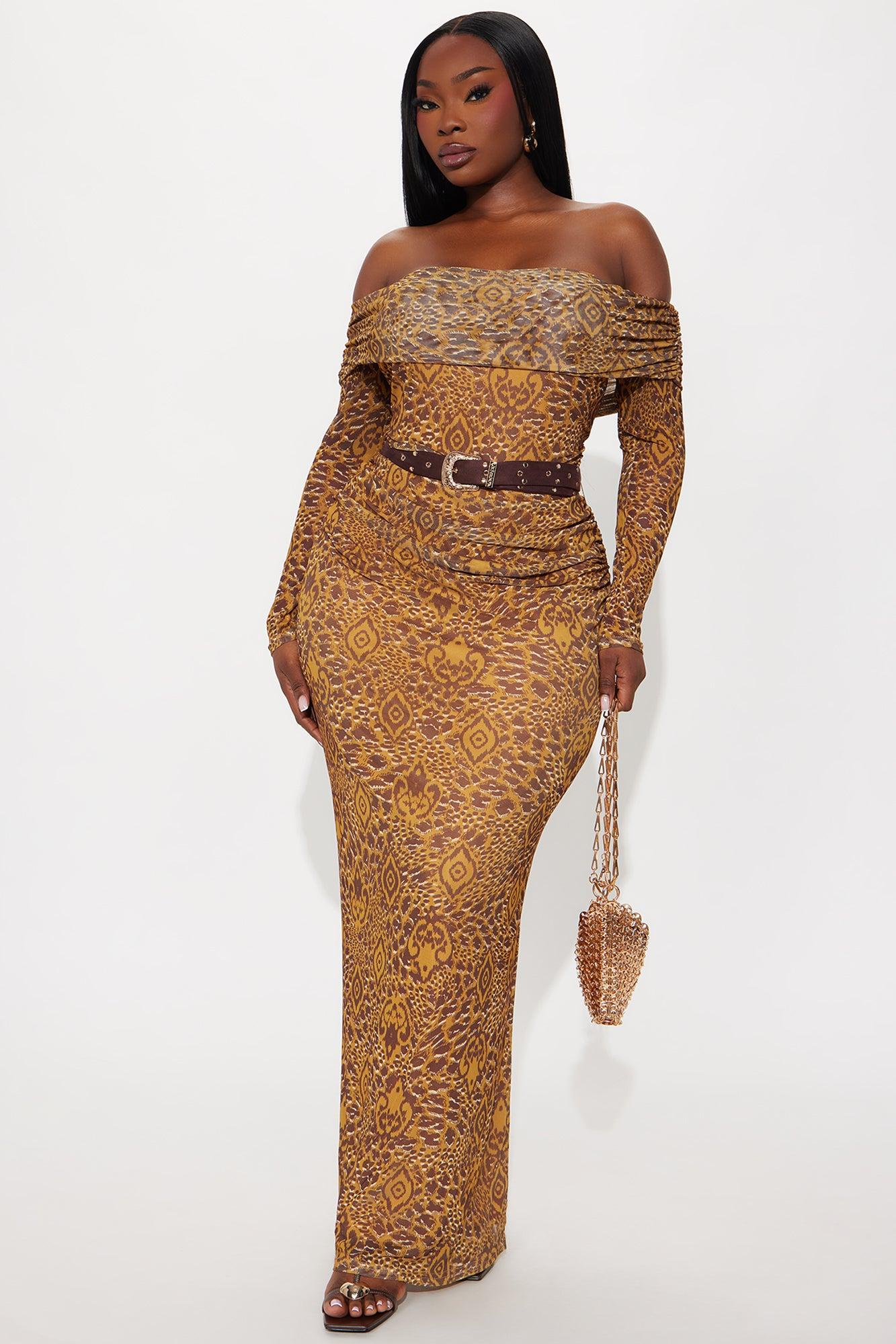 High Roller Long Sleeve Mesh Maxi Dress - Mustard/combo Female Product Image