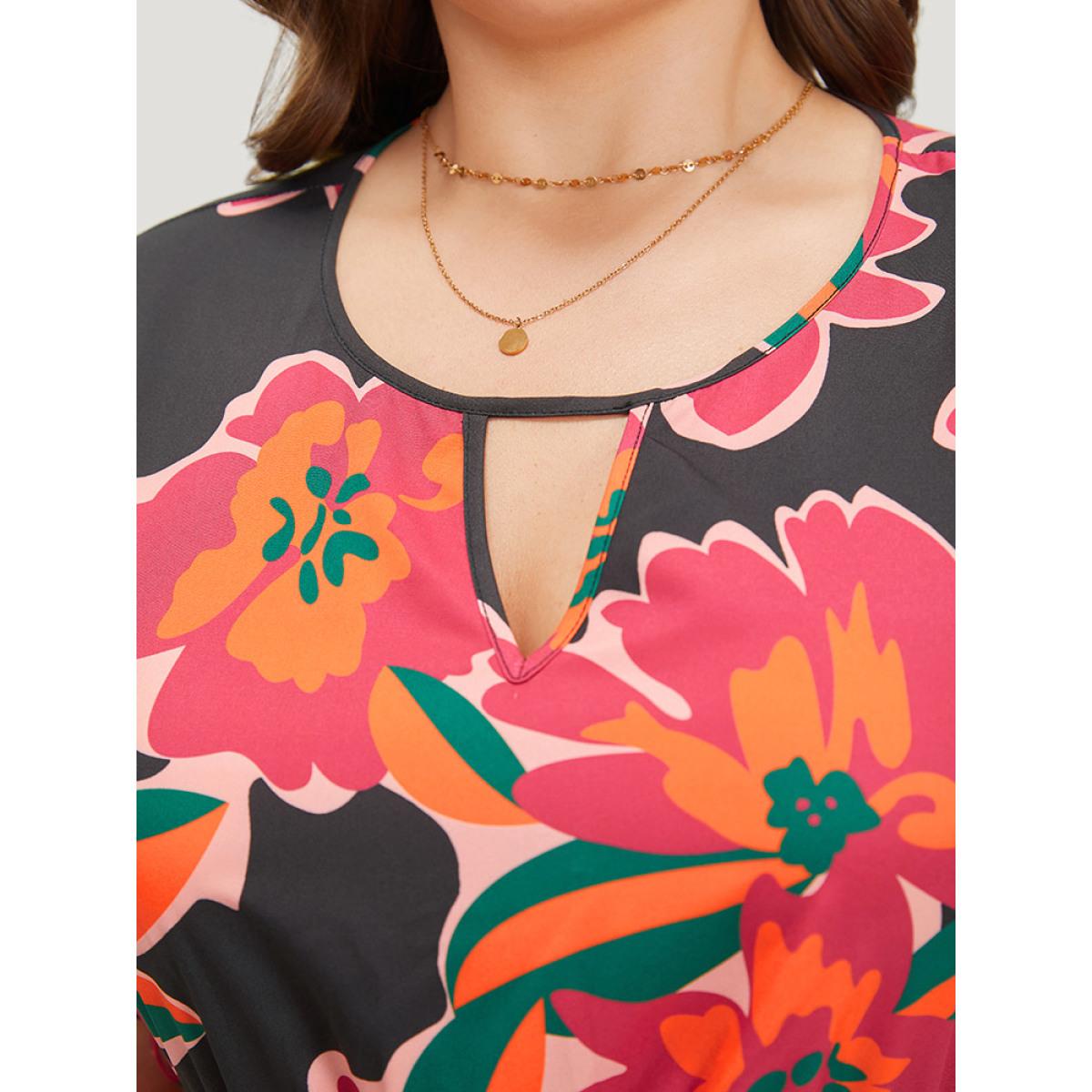 Plus Size Floral Pocket Belted Keyhole Neck Midi Dress Black Women Office Belted Round Neck Short sleeve Curvy Midi Dress BloomChic 12/L Product Image