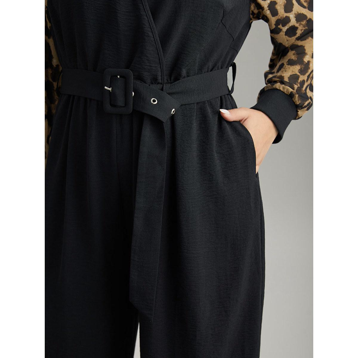 Plus Size Black Leopard Patchwork Wrap Buckle Detail Belted Jumpsuit Women Glamour Long Sleeve V-neck Going out Loose Jumpsuits BloomChic 28/5X Product Image