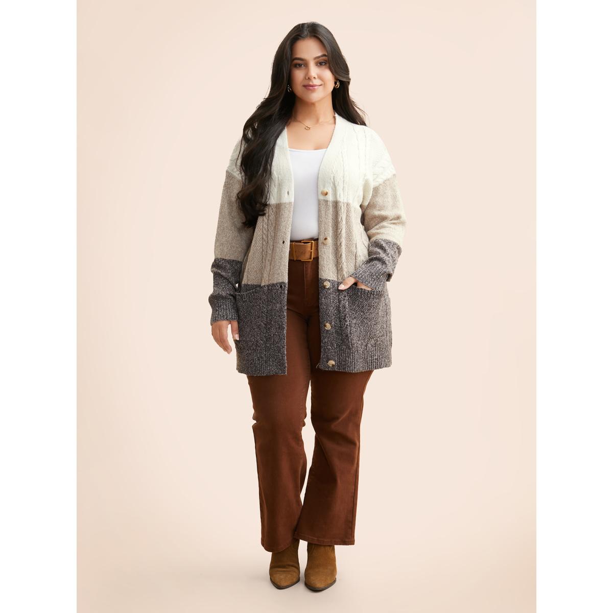 Plus Size Colorblock Contrast Cable Knit Cardigan Browncoffeecolor Women Casual Loose Long Sleeve Everyday Cardigans BloomChic 30/6X Product Image