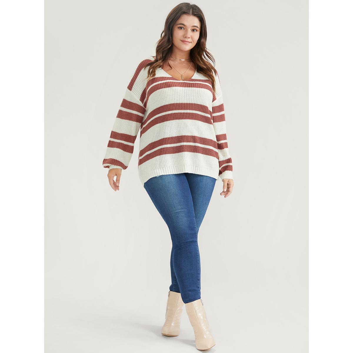 Plus Size Striped Contrast Pointelle Knit Lantern Sleeve Knit Top White Women Casual Loose Long Sleeve V-neck Dailywear Pullovers BloomChic 30/6X Product Image