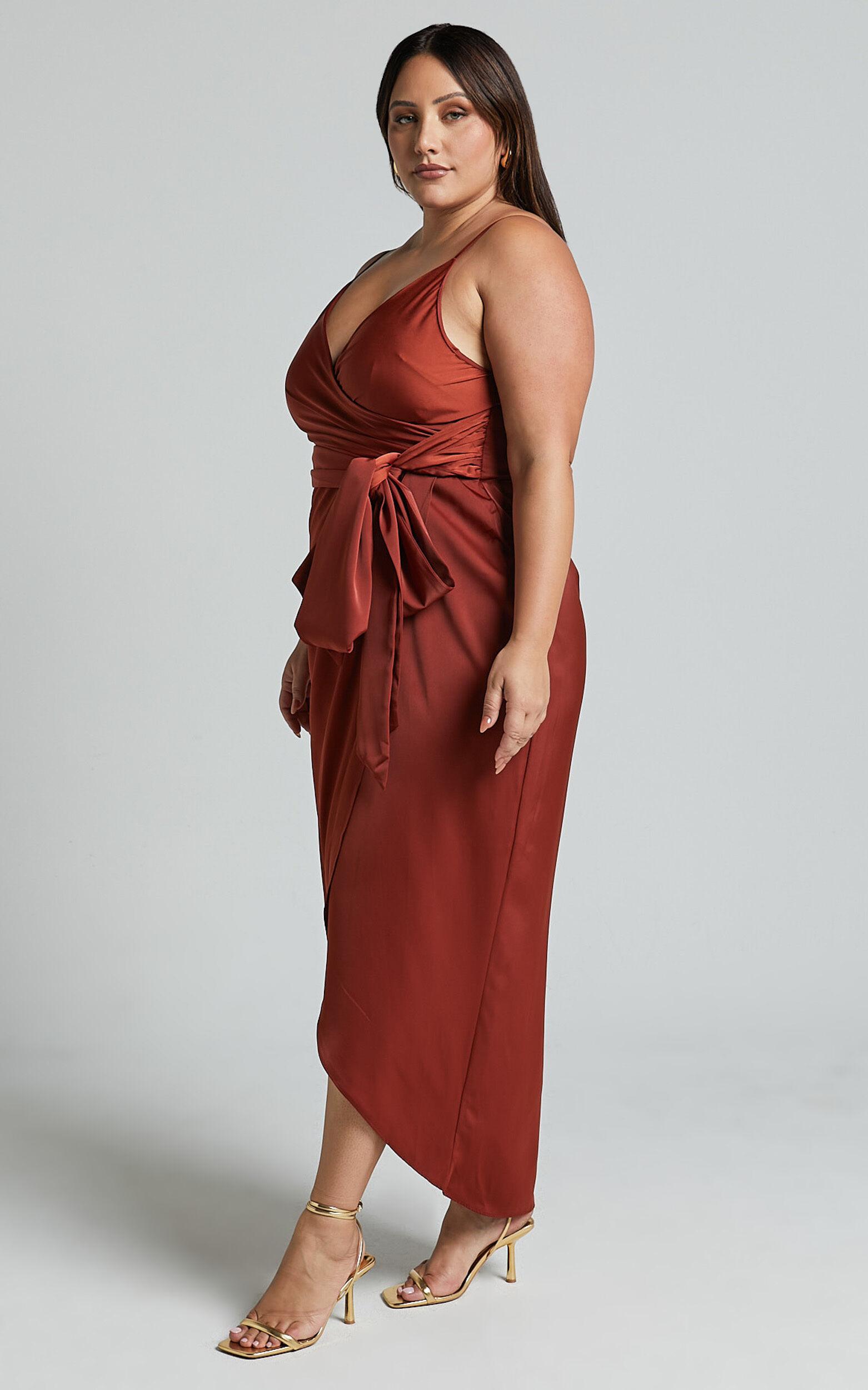How Will I Know Midi Dress - Wrap Waist Tie Tulip Hem Dress in Copper Product Image