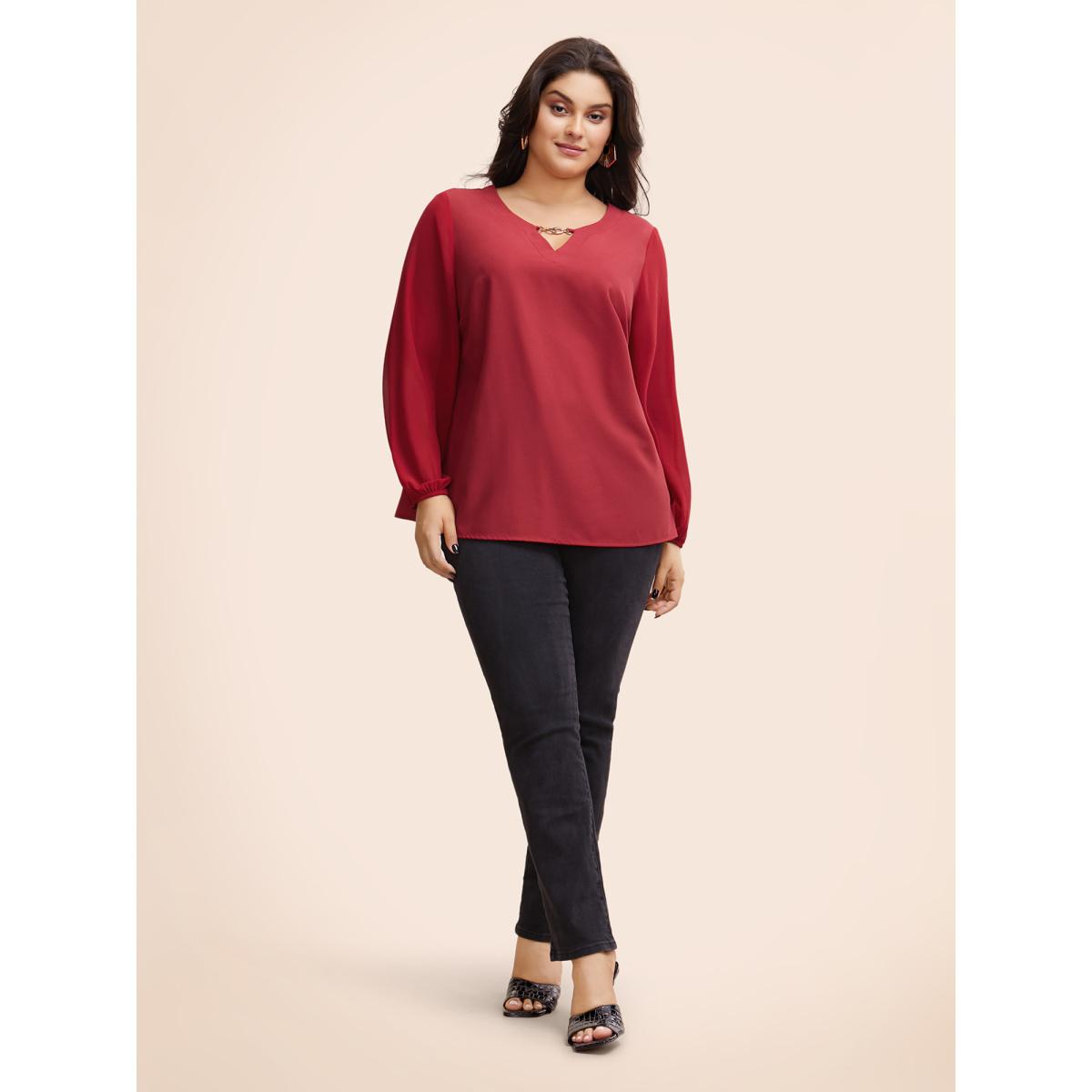 Plus Size Scarlet Metal Chain Detail Lantern Sleeve Blouse Women Elegant Long Sleeve V-neck Everyday Blouses BloomChic 18-20/2X Product Image