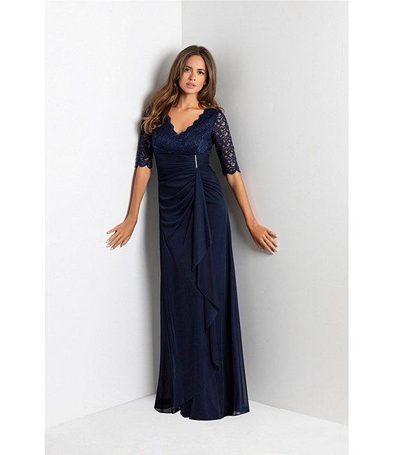 Betsy & Adam Sequin Lace V-Neck 3/4 Sleeve Gown Product Image