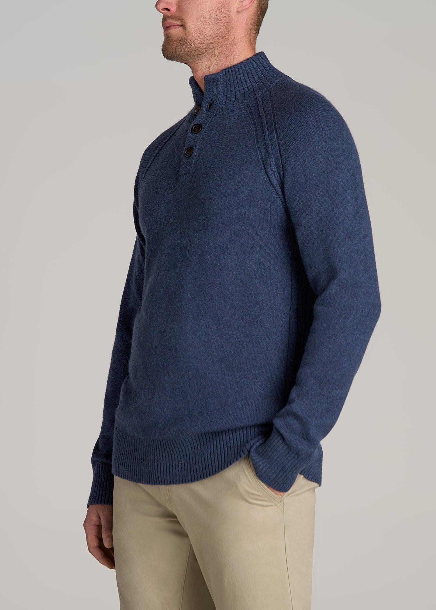 Three-Button Mock Neck Sweater for Tall Men in Deep Cobalt Mix Male Product Image