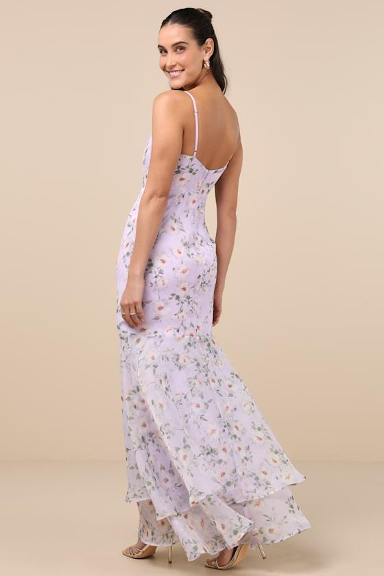 Pure Splendor Lavender Floral Organza Trumpet Maxi Dress Product Image