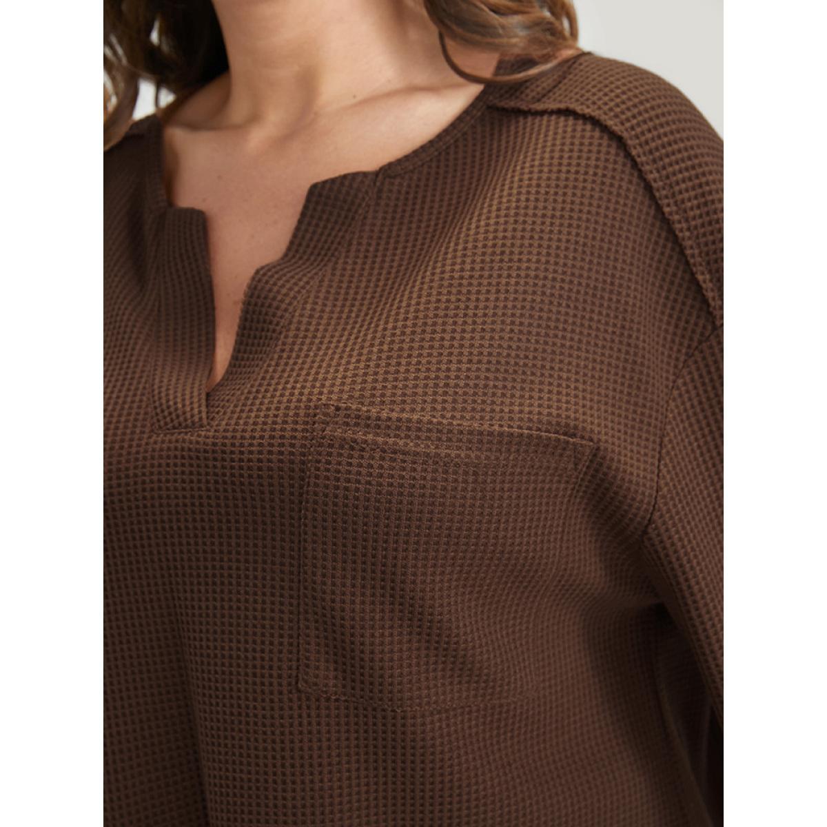 Plus Size Solid Pocket Notched Waffle Knit Sweatshirt Women DarkBrown Elegant Pocket V-neck Dailywear Sweatshirts BloomChic 30/6X Product Image