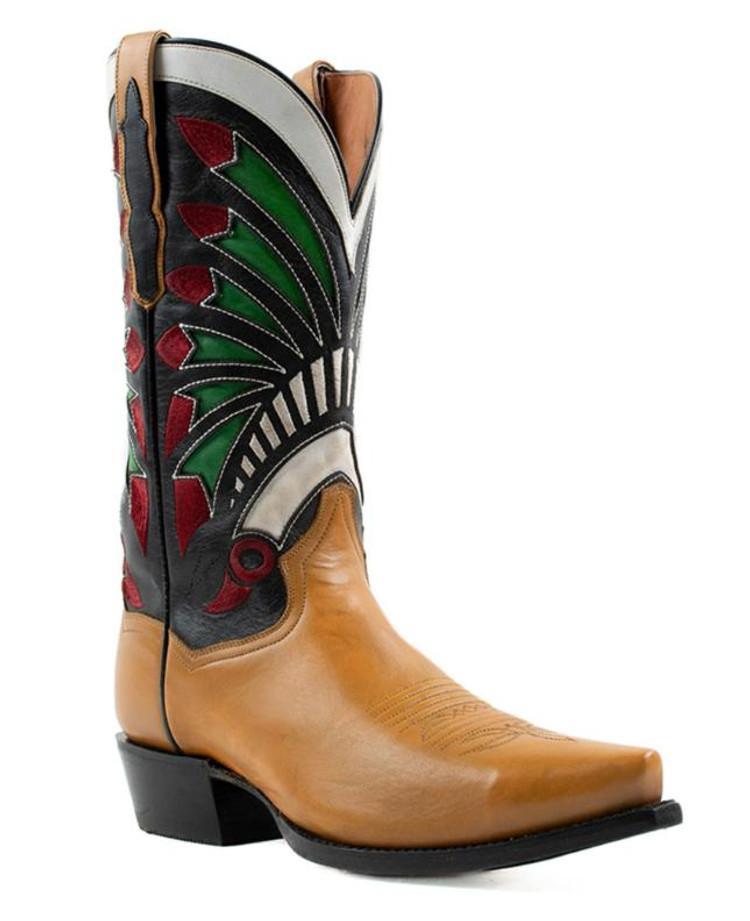 SALE Dan Post® Men's Tan Snip Toe with Red/White/Green Inlay Shaft Boots Product Image