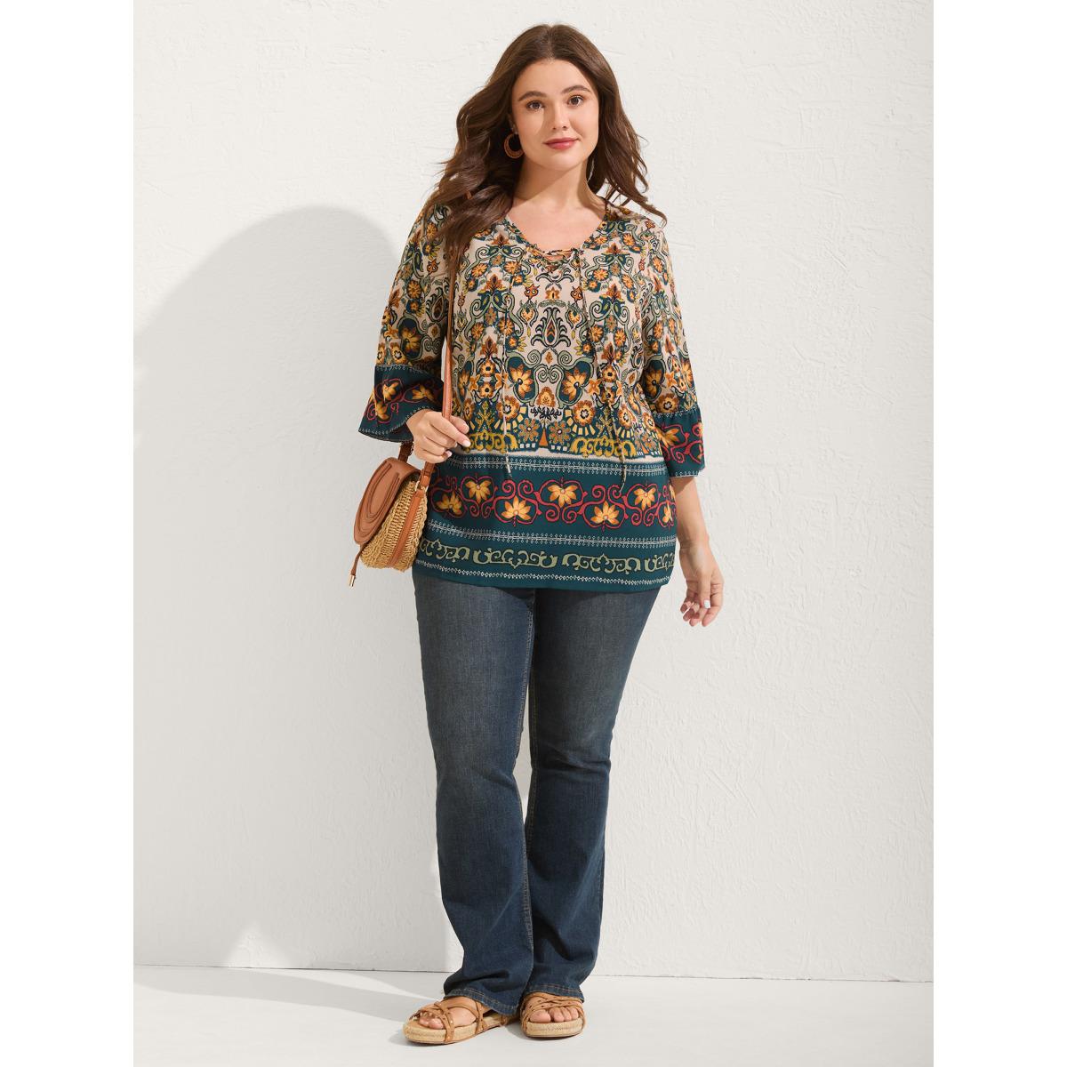 Plus Size Multicolor Boho Print Lace Up Bell Sleeve Blouse Women Boho Half Sleeve V-neck Vacation Blouses BloomChic 12/L Product Image