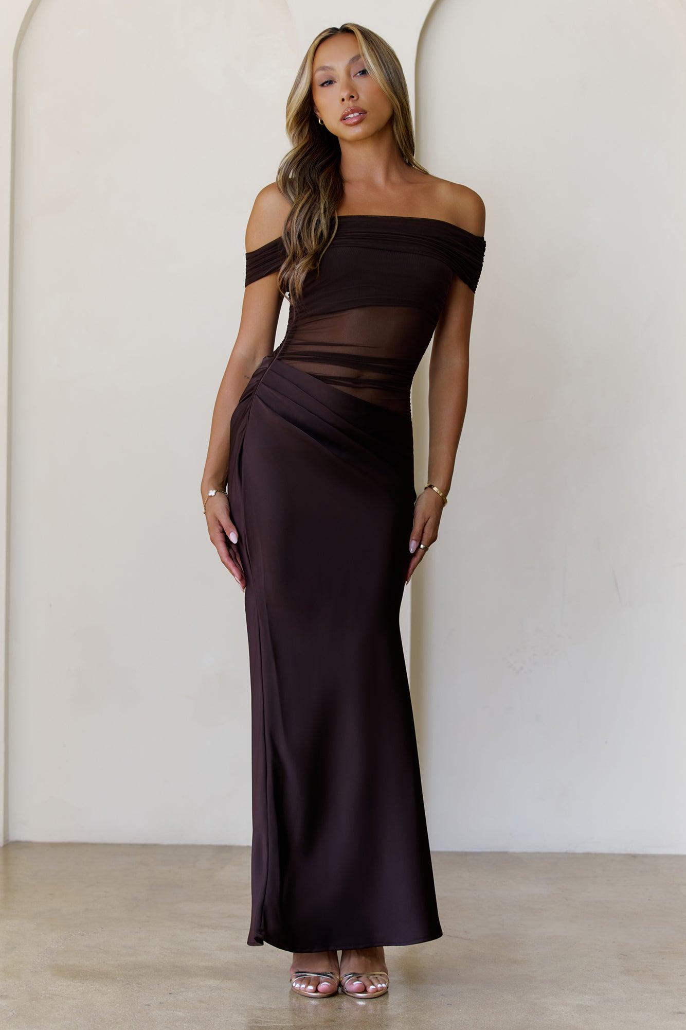 Veiled Whispers Off Shoulder Maxi Dress Brown Product Image