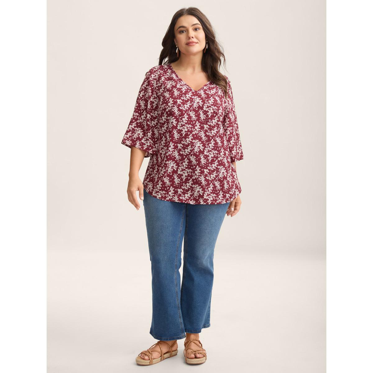 Plus Size Burgundy Floral Print Curvy Hem V-Neck Shirt Women Resort Elbow-length sleeve V-neck Vacation Blouses BloomChic 22-24/3X Product Image