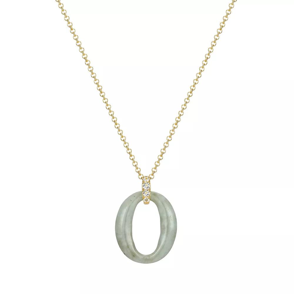 Dynasty Jade 18k Gold Over Silver Oval Genuine Green Jade & White Topaz O Pendant Necklace, Women's, Size: 20", Sterling Product Image