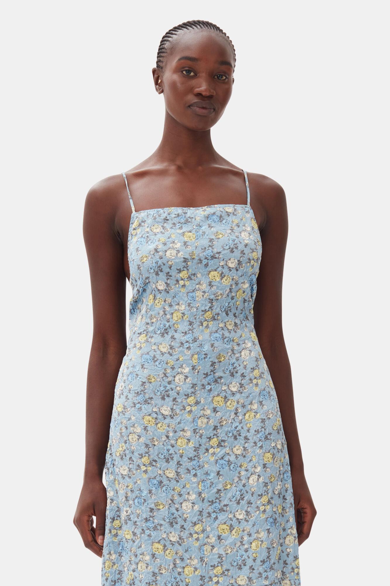 Blue Floral Crinkled Satin Long Dress Product Image