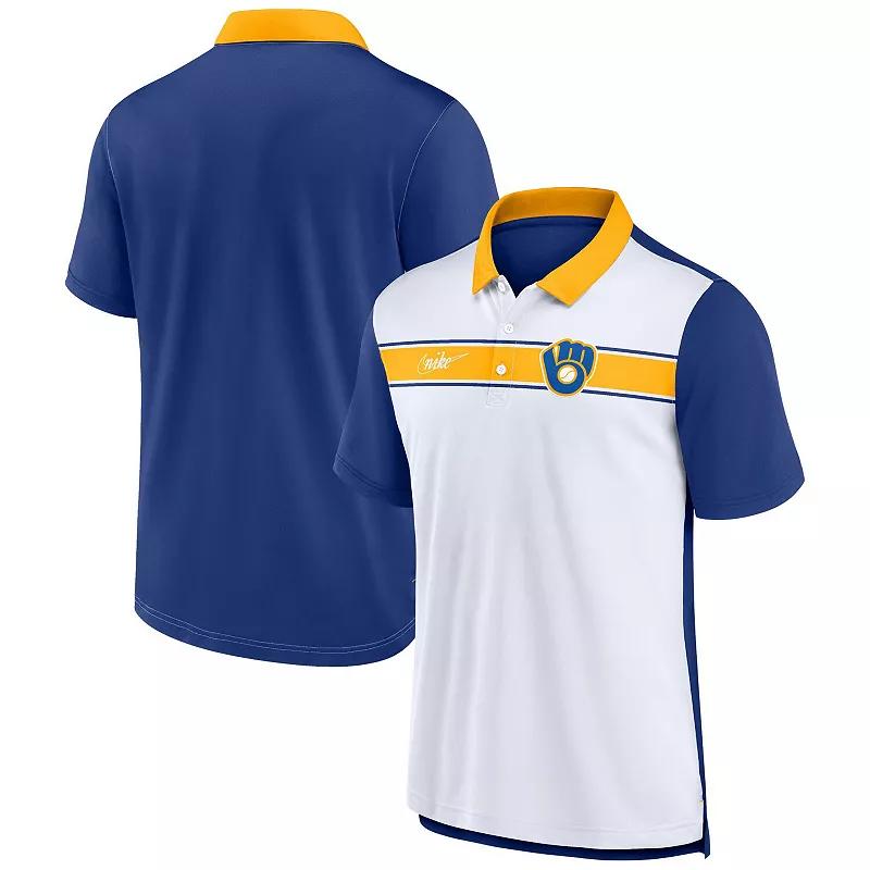 Men's Nike White/Royal Milwaukee Brewers Rewind Stripe Polo,  Product Image