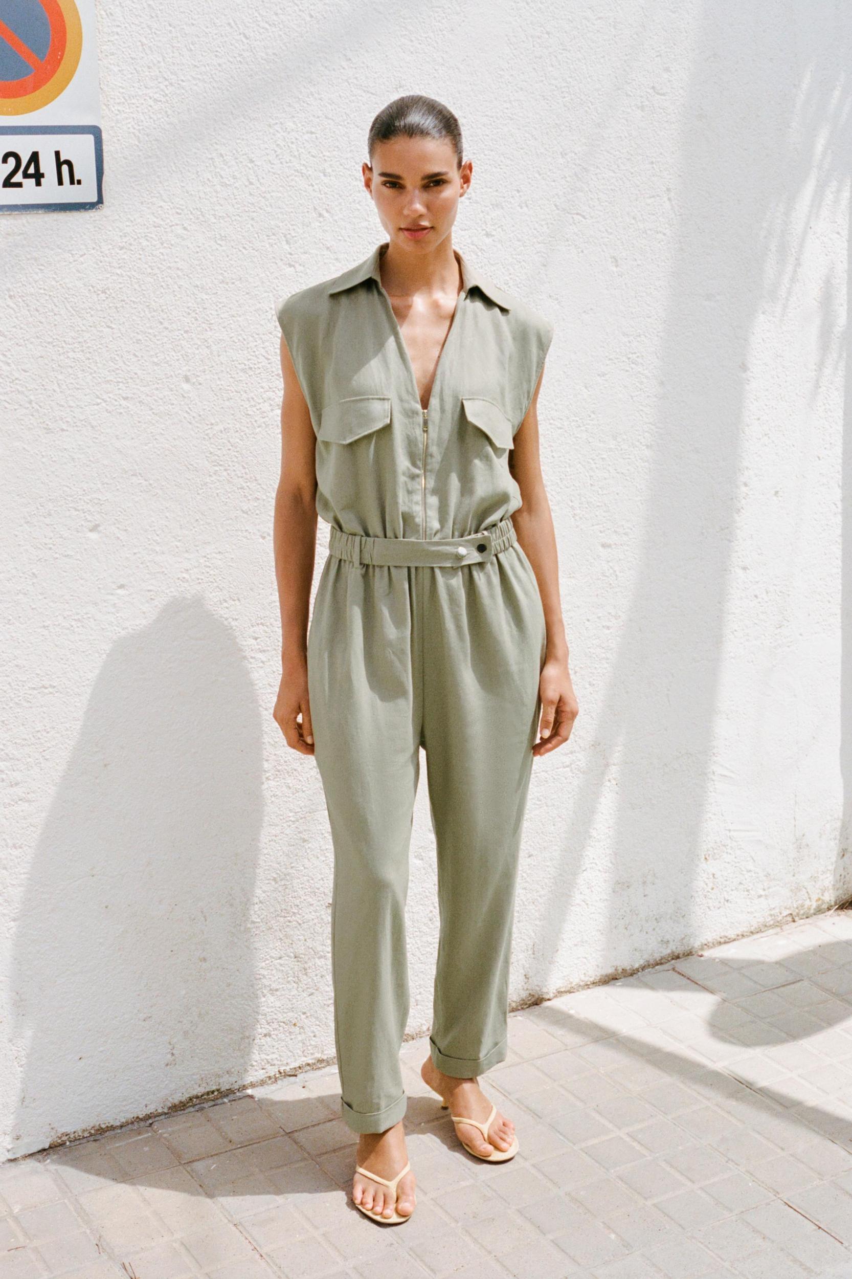 LINEN BELTED LONG JUMPSUIT Product Image