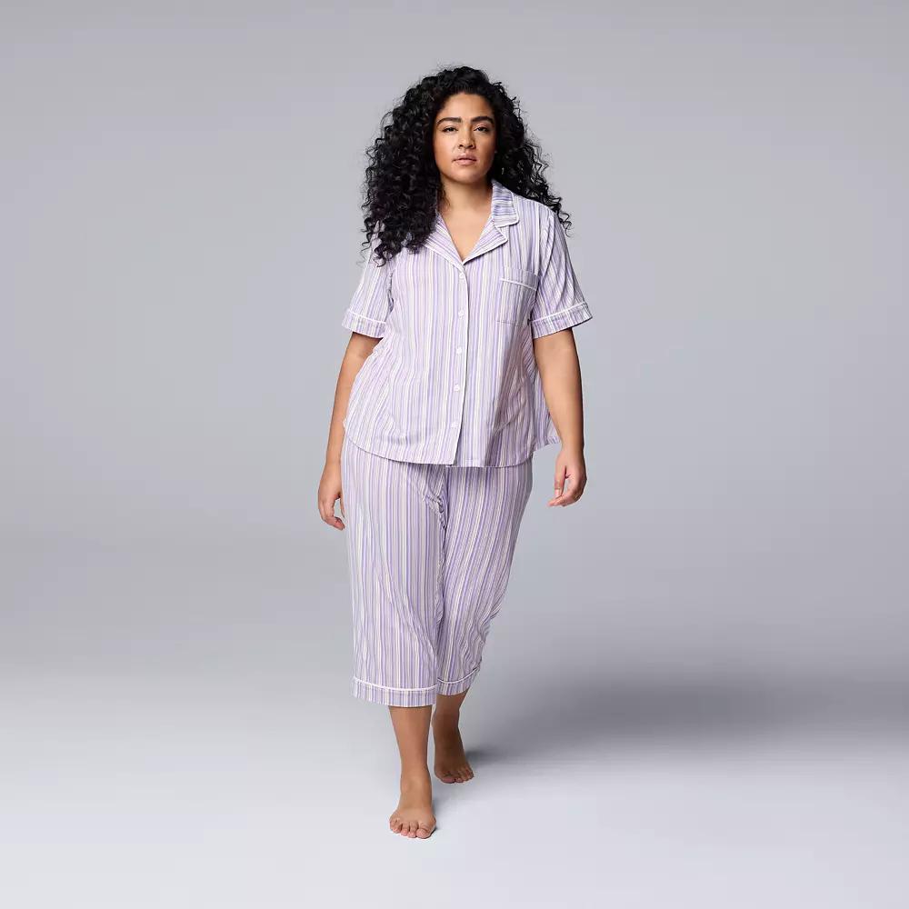 Plus Size Simply Vera Vera Wang Cozy Short Sleeve Notch Collar Pajama Top & Capri Pajama Pants Set, Women's, Size: 3XL, Purple Stripe Product Image