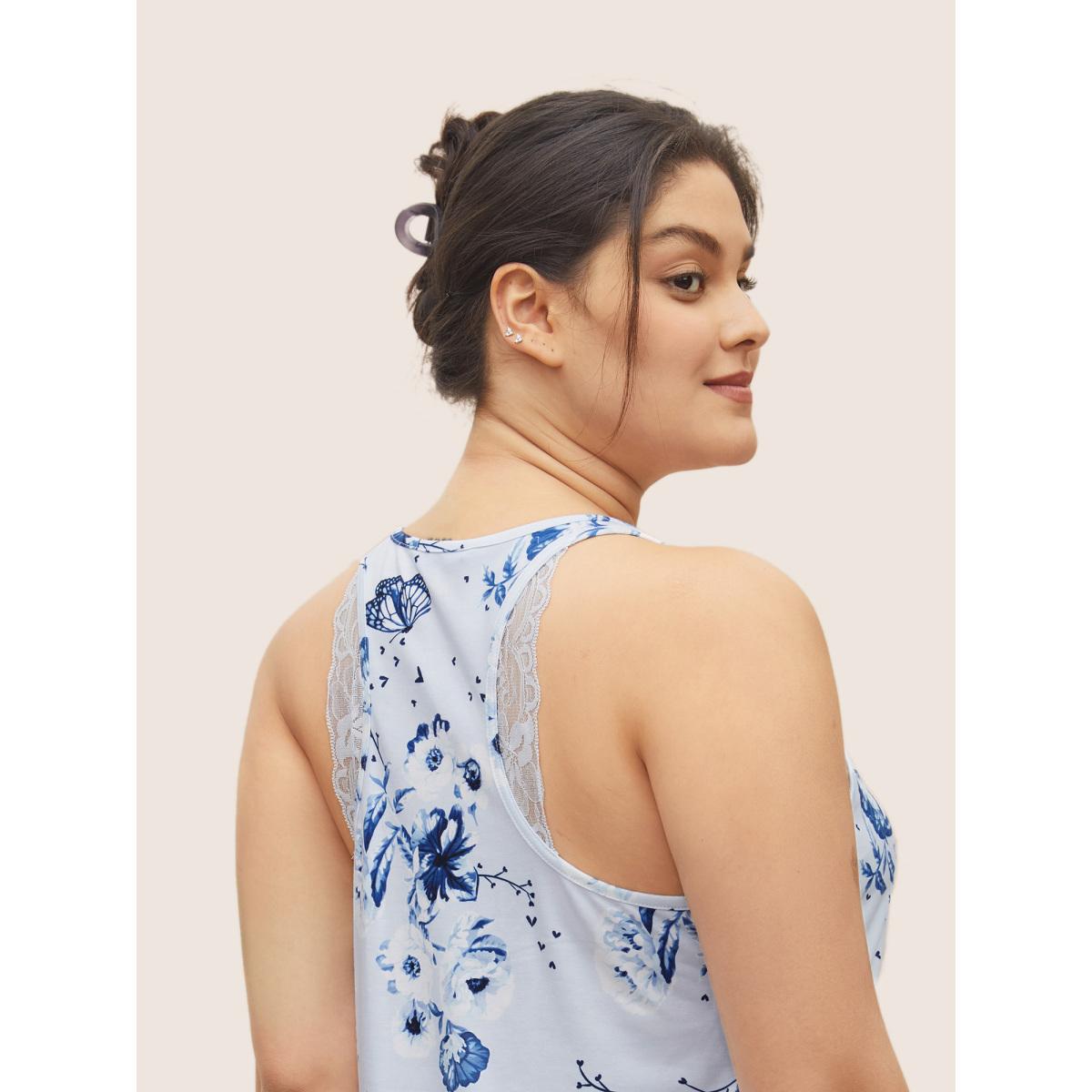 Plus Size Floral Print Lace Patchwork Pajama Sets Women Stone Floral Non Sleeveless Square Neck Lounge Loungewear Sets BloomChic 14-16/1X Product Image