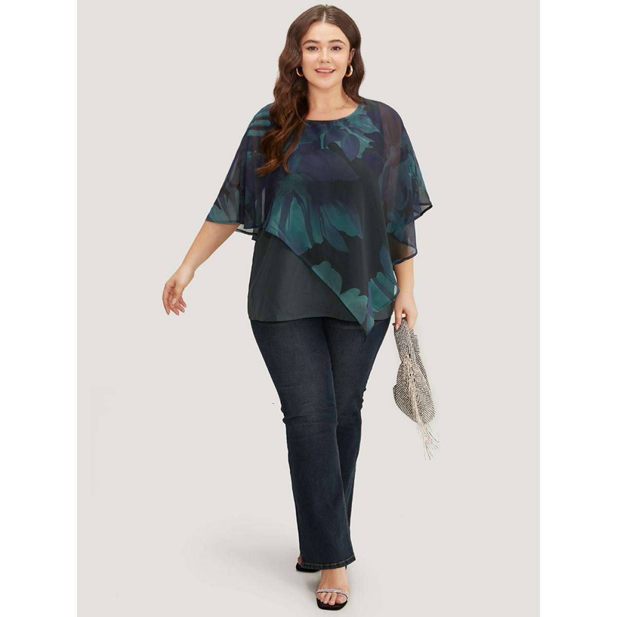 Plus Size Aegean Floral Mesh Asymmetrical Dolman Sleeve Blouse Women Glamour Short sleeve Round Neck Going out Blouses BloomChic 12/L Product Image