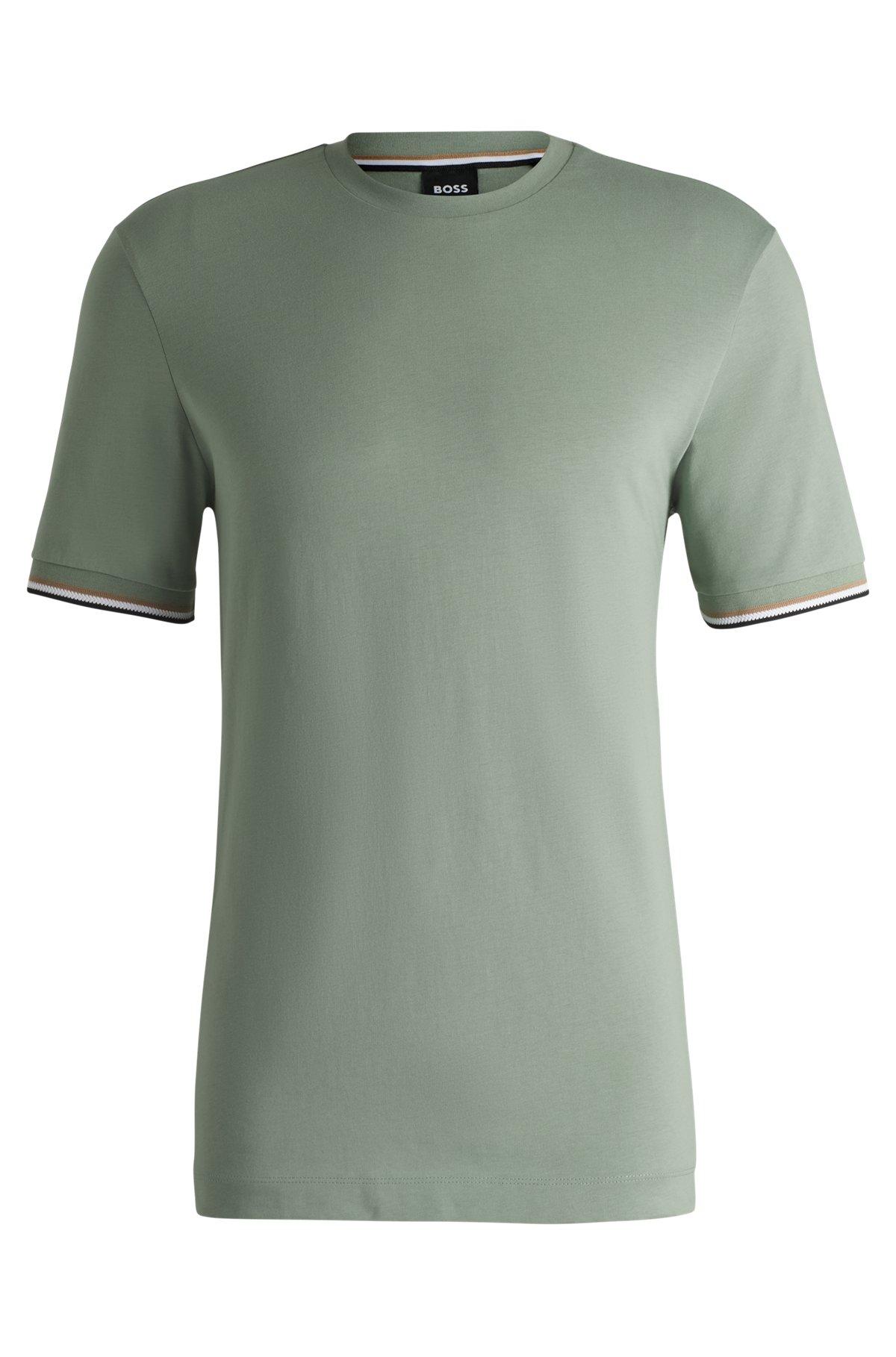 BOSS - Cotton-jersey T-shirt with signature-stripe cuffs - Light Green Product Image