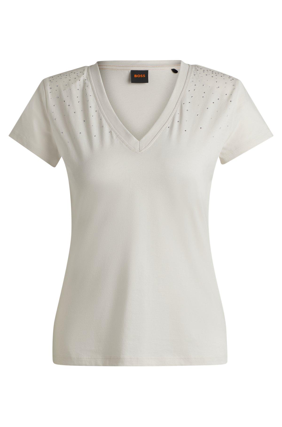 BOSS - V-neck T-shirt in cotton with embellishments - White Product Image