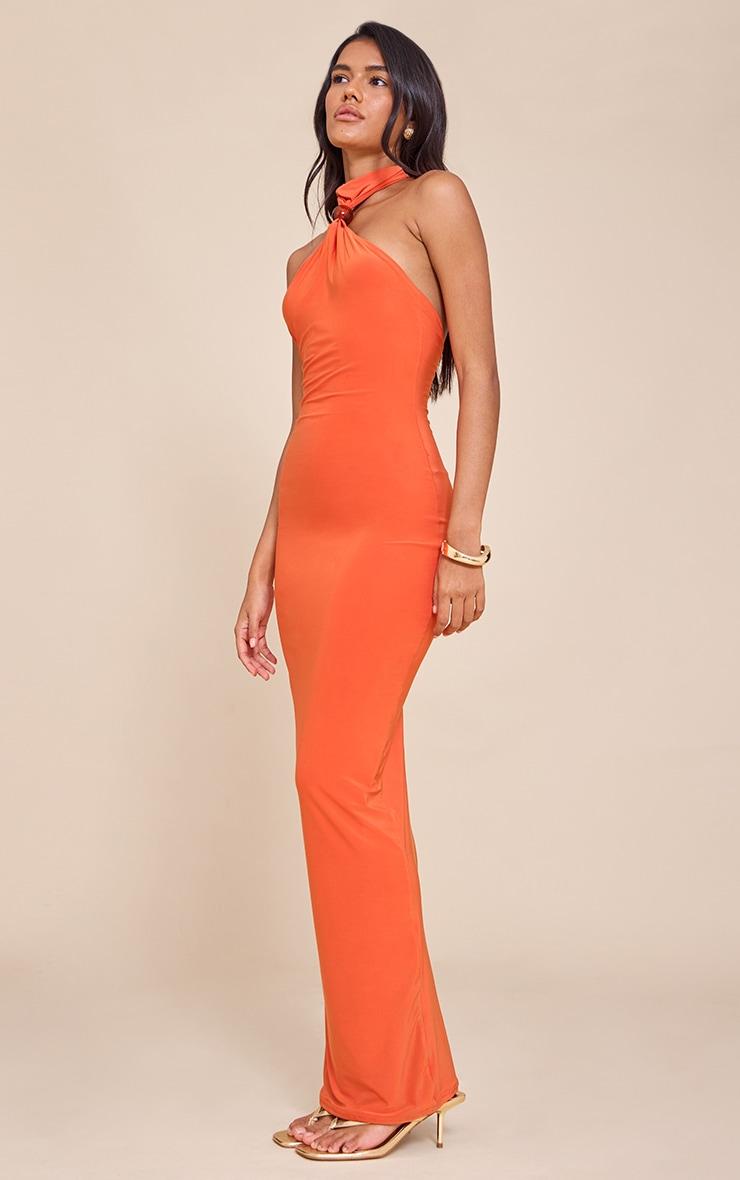 Burnt Orange Slinky Bead Detail Halter Maxi Dress Product Image