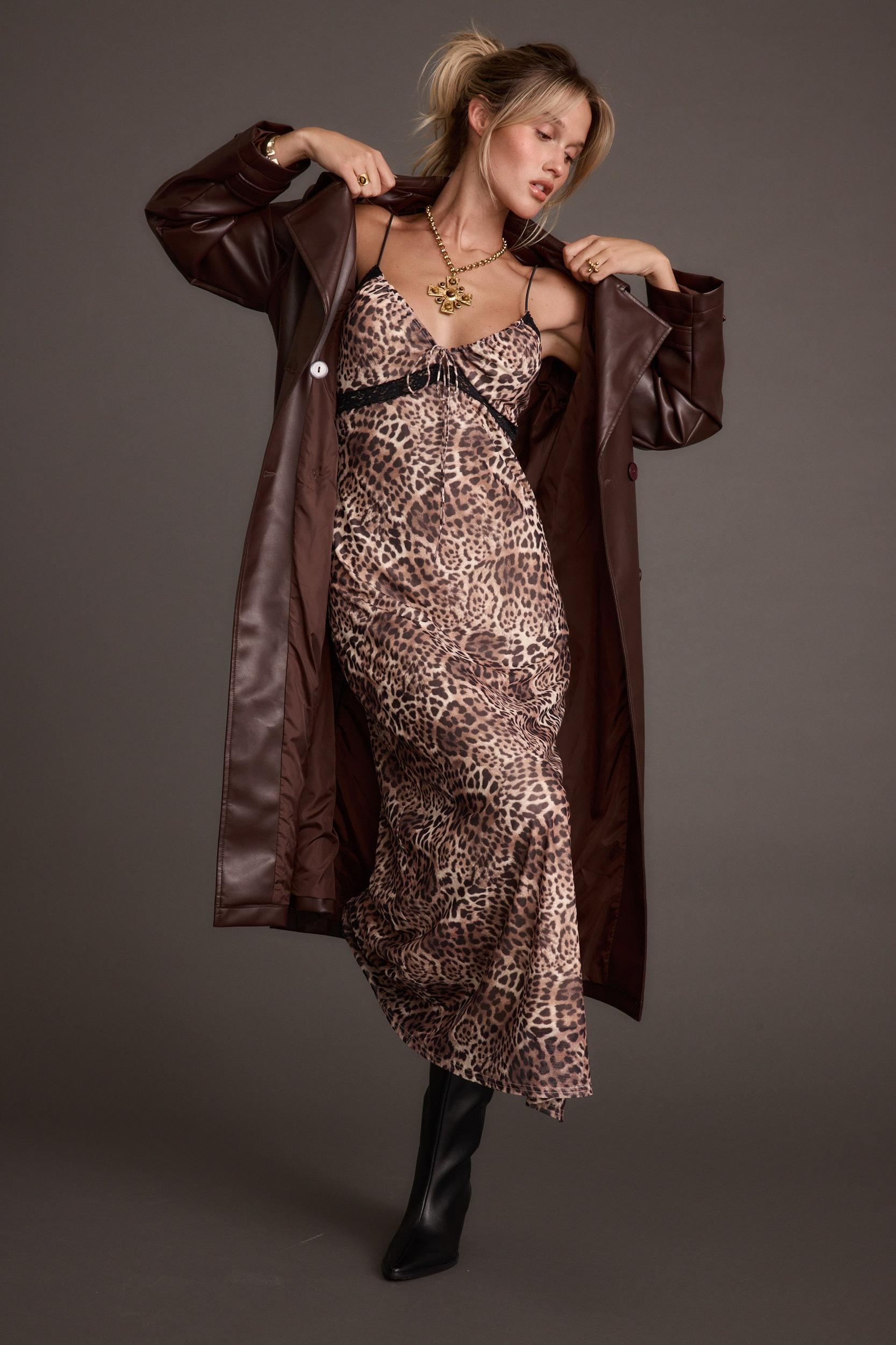 Brynne Faux Leather Mahogany Brown Trench Product Image