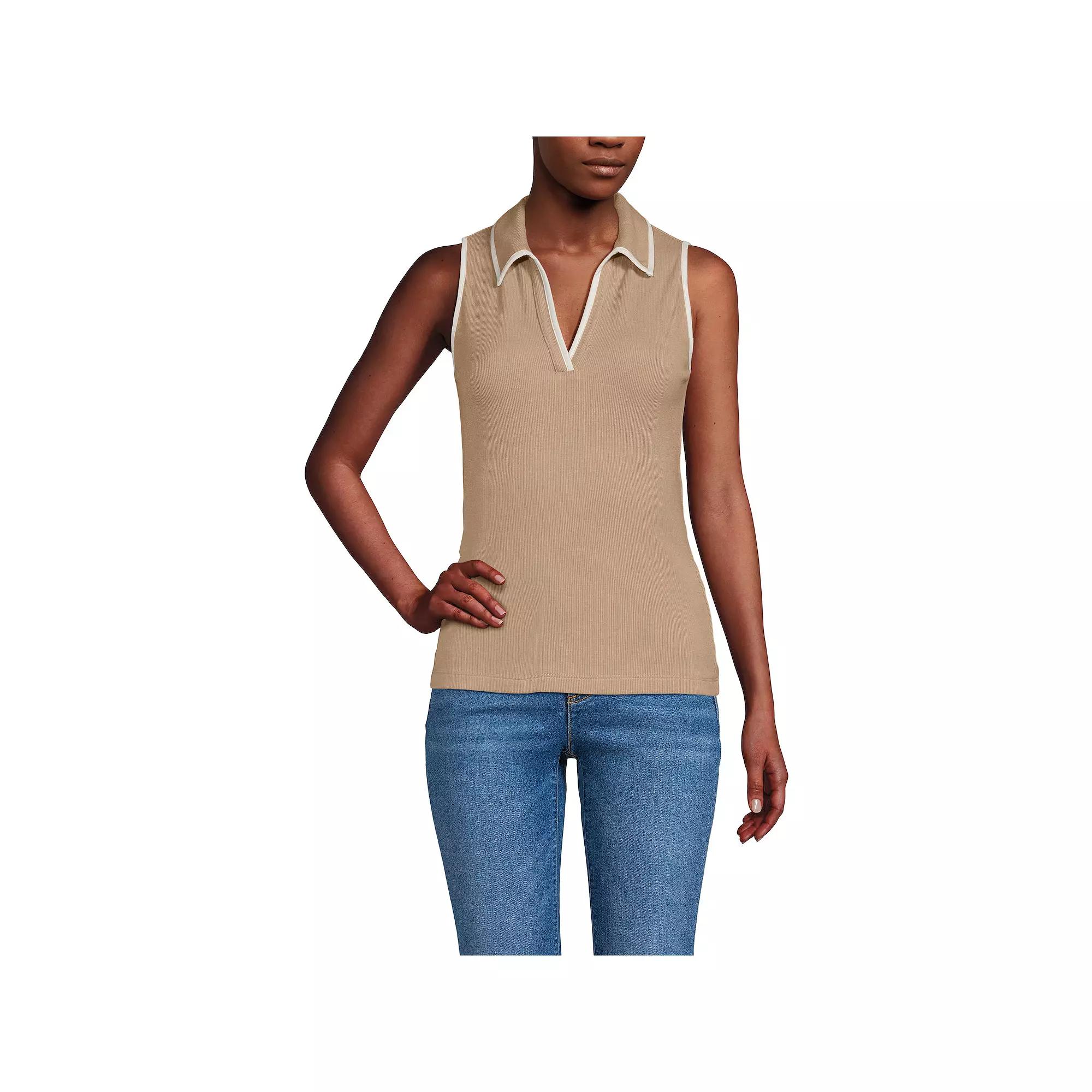 Women's Lands' End Drapey Rib Sleeveless Johnny Collar Polo Shirt, Size: Medium, Rich Camel Product Image