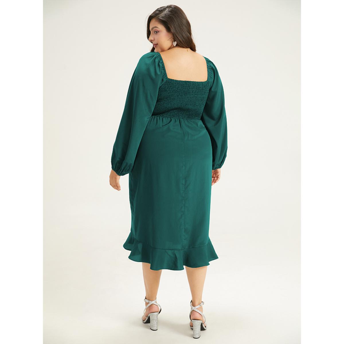 Plus Size Anti-Wrinkle Square Neck Ruffle Trim Wrap Hem Dress Teal Women Glamour Elastic cuffs Square Neck Long Sleeve Curvy Midi Dress BloomChic 18-20/2X Product Image