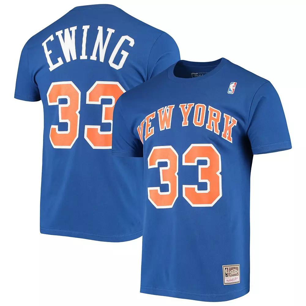 Men's Mitchell & Ness Patrick Ewing Blue New York Knicks Hardwood Classics Stitch Name & Number T-Shirt,  Product Image