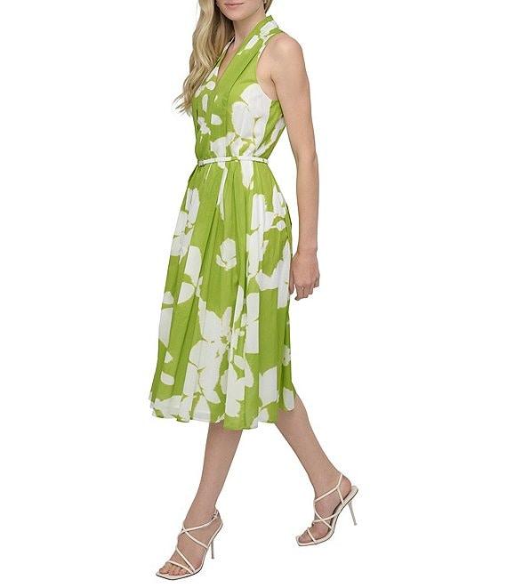 DKNY by Donna Karan Voile Floral Print V Neck Sleeveless Print Halter Midi Dress Product Image