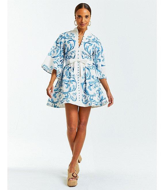 Mestiza New York Carmen Floral Print Mandarin Collar 3/4 Full Sleeve Tie-Waist Mini A-Line Dress Product Image