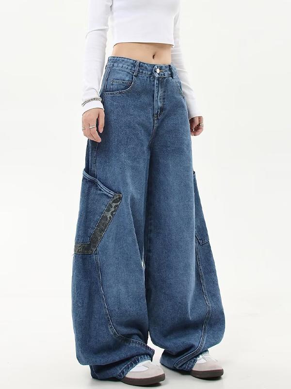 American Retro Leopard Print Stitching Boyfriend Jeans Product Image