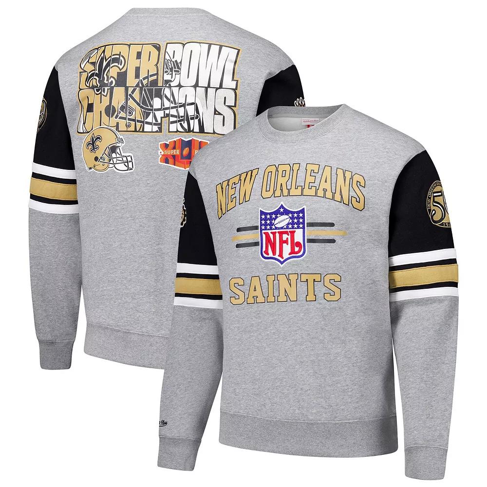Men's Mitchell & Ness Heather Gray New Orleans Saints All Over 4.0 Vintage Logo Pullover Sweatshirt,  Product Image