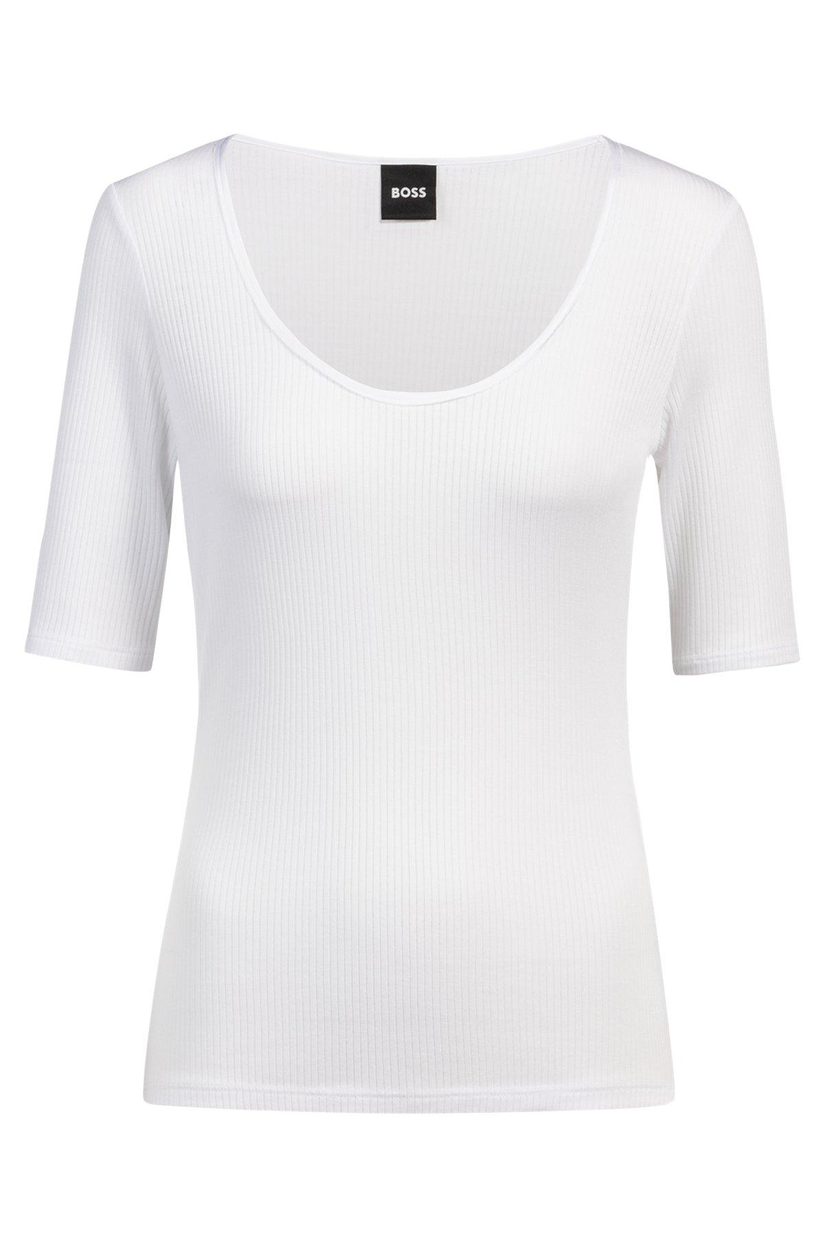 Scoop-neck T-shirt in ribbed stretch fabric Product Image