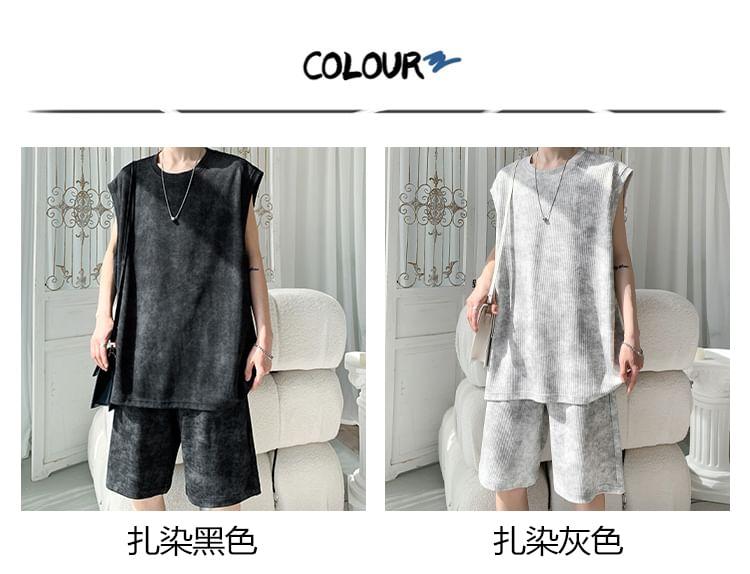 Set: Crew Neck Tie-Dye Tank Top + Drawstring Waist Sweat Shorts Product Image