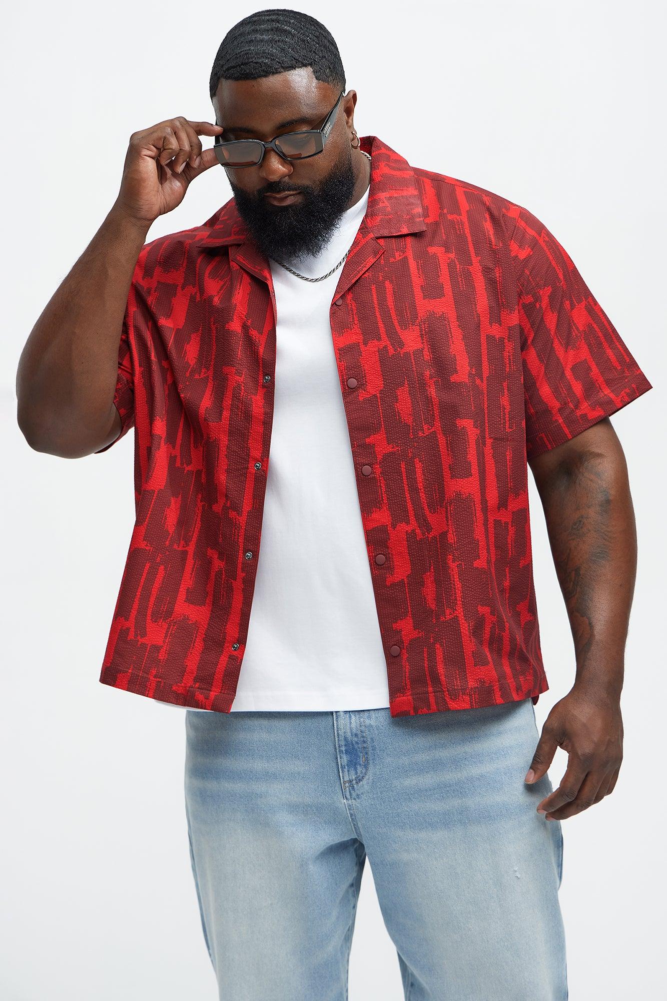 Seersucker Printed Short Sleeve Cuban Collar Shirt - Red/combo Product Image