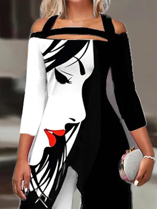 Irregular Clipping Three-Quarter Sleeves Figure Printed Cold Shoulder Blouses&Shirts Tops Product Image