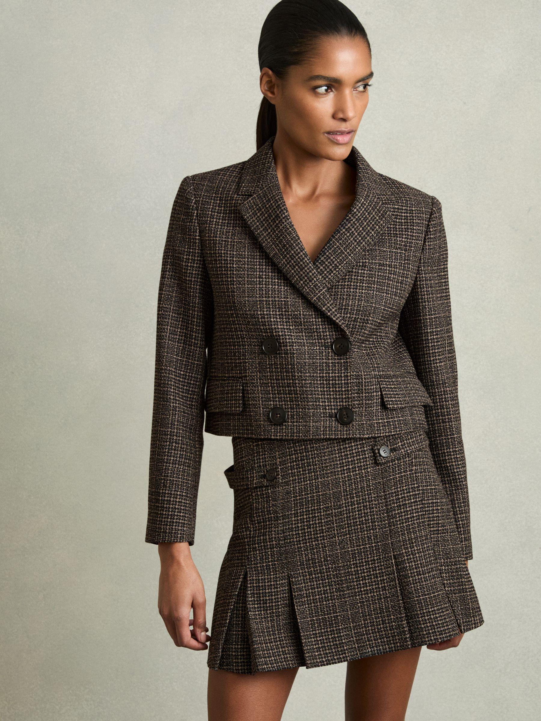 Double-Breasted Tweed Cropped Blazer in Brown Check Product Image