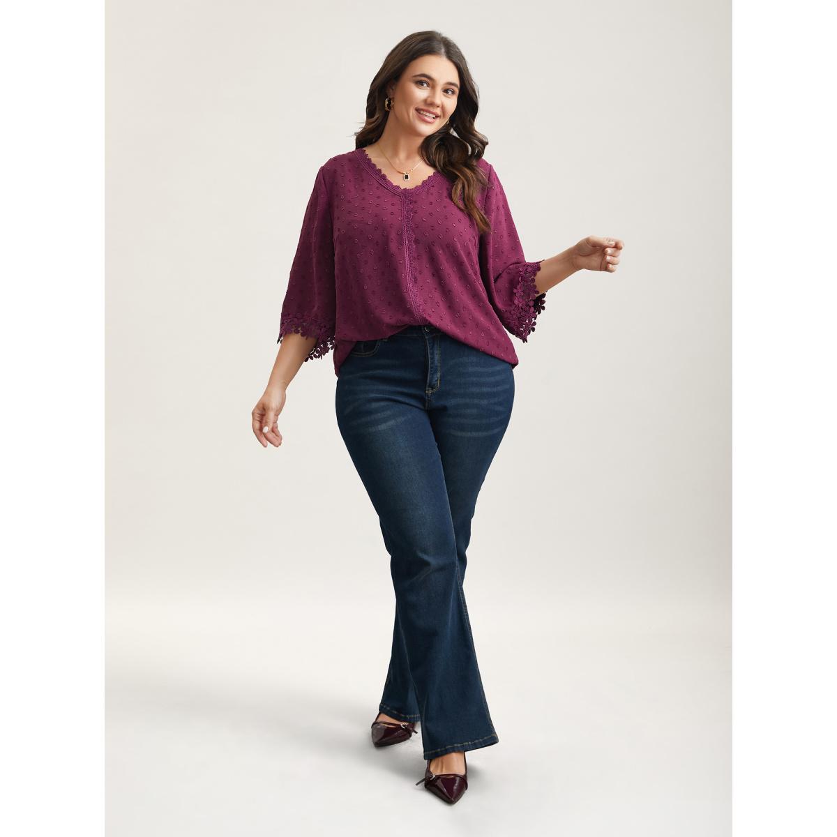 Plus Size Deeppurplered Textured Color-Block Lace Detail Shirt Women Elegant Elbow-length sleeve V-neck Everyday Blouses BloomChic 28/5X Product Image