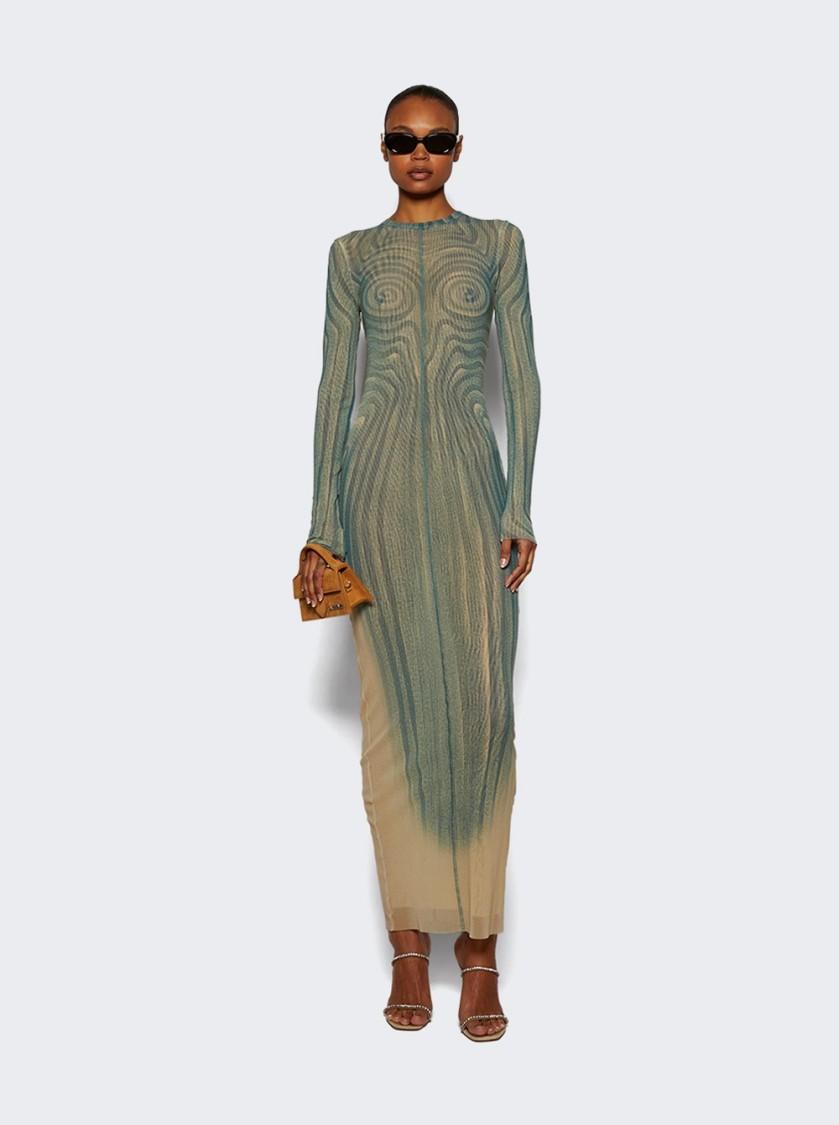 JEAN PAUL GAULTIER Mesh Long Dress With Spiral Print And Ruffles In Beige Product Image